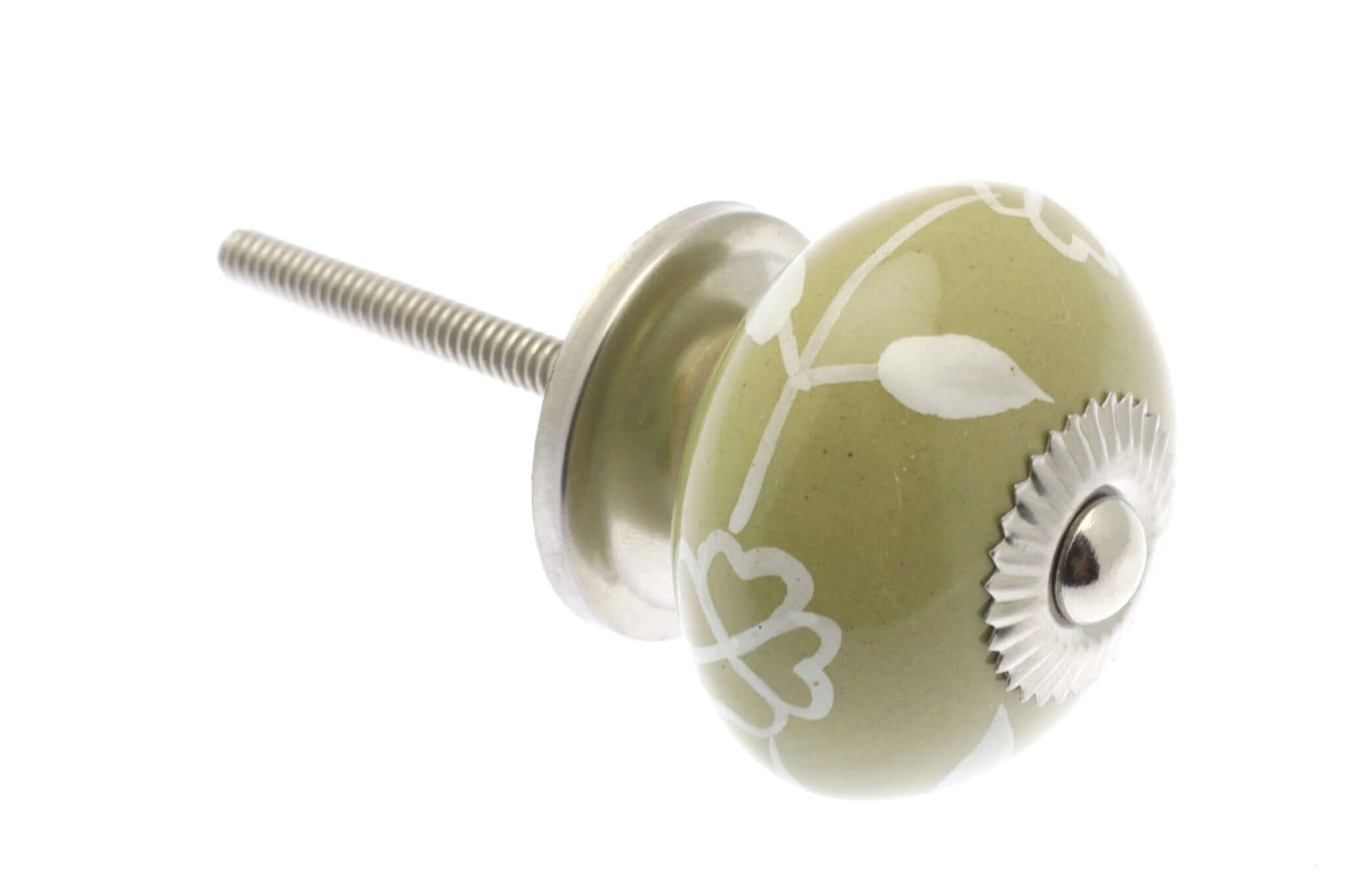 Ceramic Cupboard Knobs - White Floral Garland On Taupe 40mm Round Ceramic Cupboard Knob - Polished Chrome Base & Fixings (EF-04-WTP)