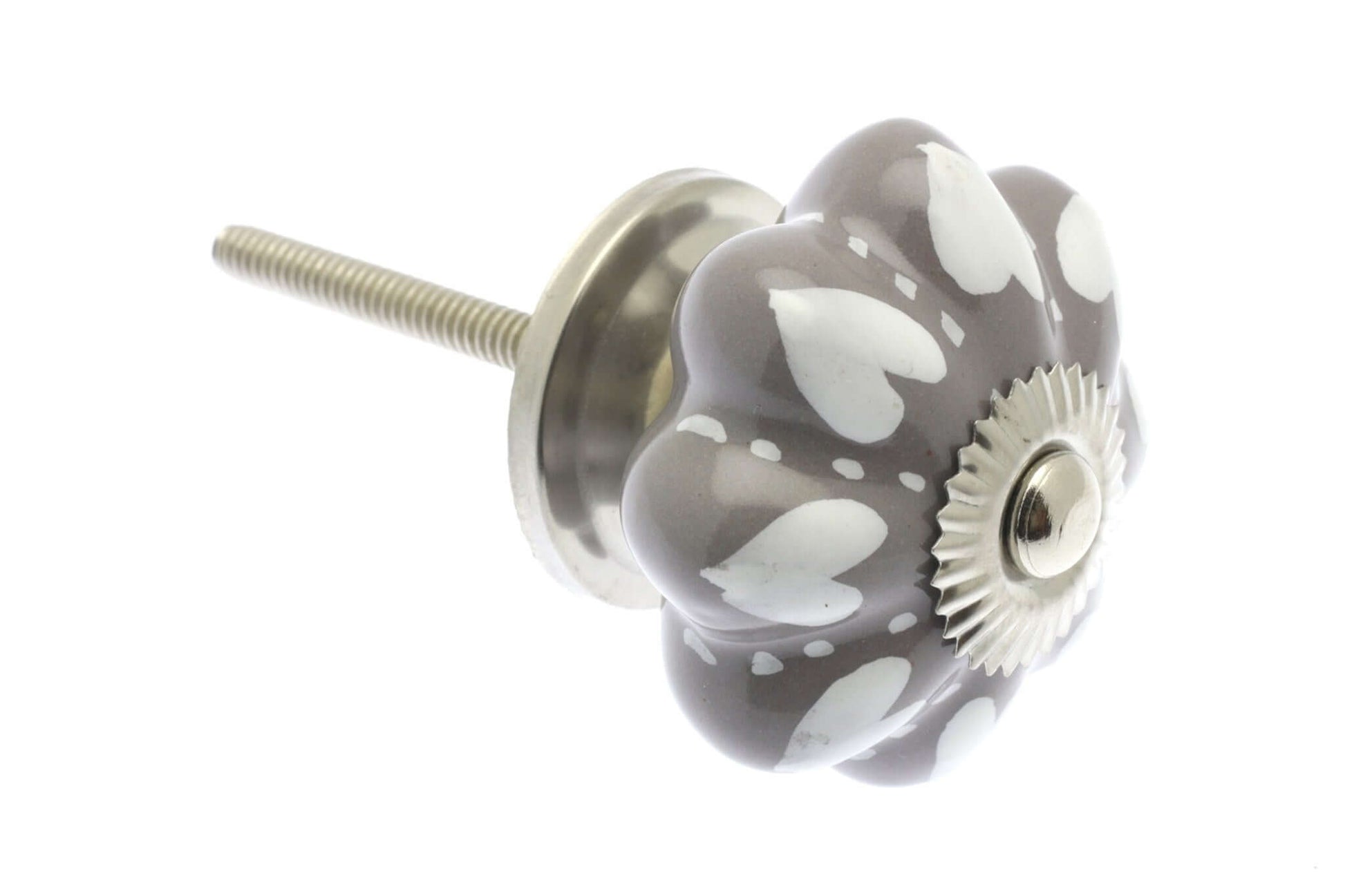 Ceramic Cupboard Knobs - White Hearts And Dots On Grey 42mm Fan Shaped Ceramic Cupboard Knob - Chrome Base & Fixings (EF-03-WGY)