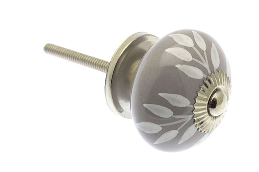 Ceramic Cupboard Knobs - White Trailing Leaves On Grey 40mm Round Ceramic Cupboard Knob - Polished Chrome Base & Fixings (EF-05-WGY)